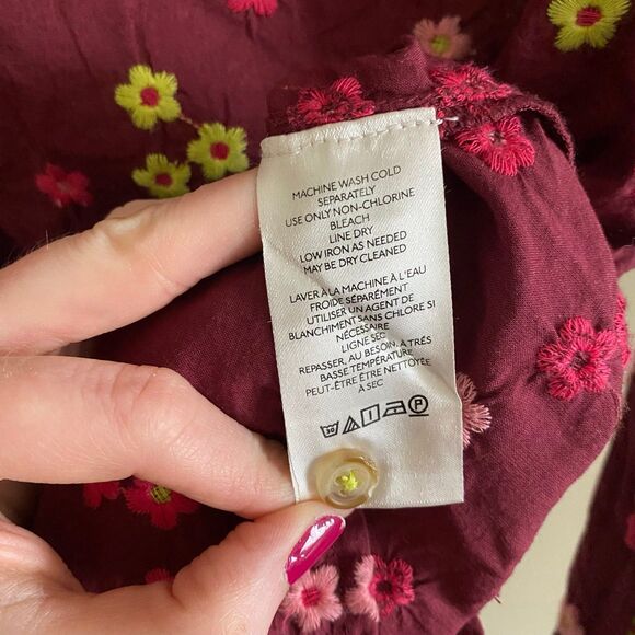 Maeve Embroidered Buttondown Blouse Size Medium Floral Burgundy Maroon Colorful - Picture 6 of 12